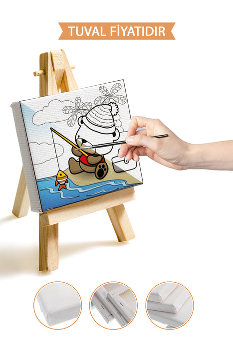 Sevimli Balık Tutan Ayı Ön Çizimli Boyama Tuvali 9067