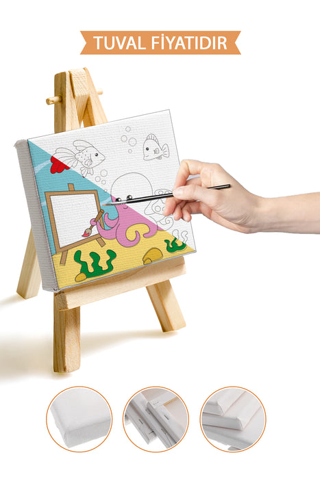 Resim Çizen Sevimli Ahtapot Ön Çizimli Boyama Tuvali 9085