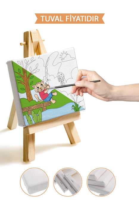 Balık Yakalayan Sevimli Kedi Ön Çizimli Boyama Tuvali 9072