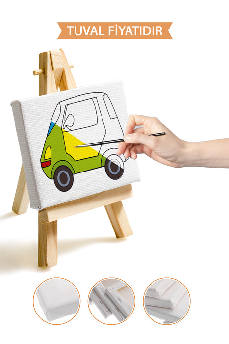 Sevimli Yeşil Araba Ön Çizimli Boyama Tuvali 9025