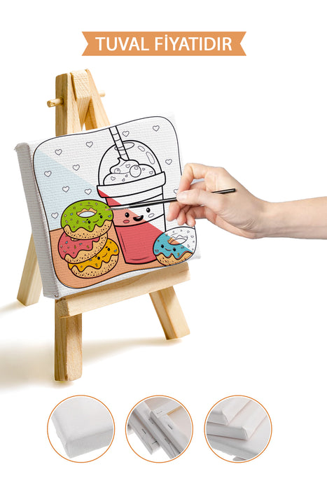 Sevimli Donut ve Milkshake Ön Çizimli Boyama Tuvali 9045