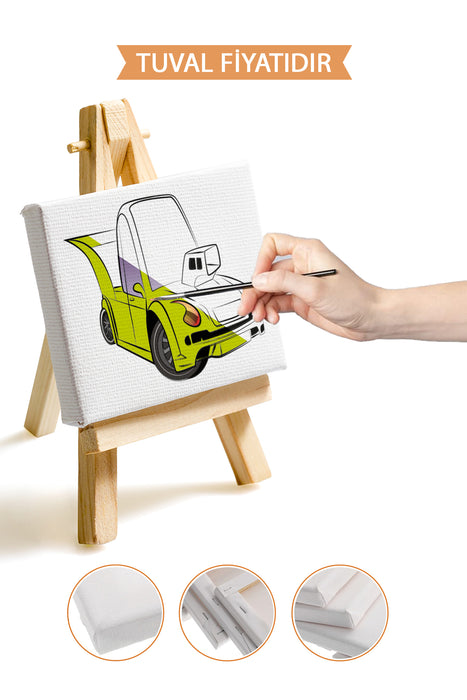 Sevimli Yeşil Araba Ön Çizimli Boyama Tuvali 9191