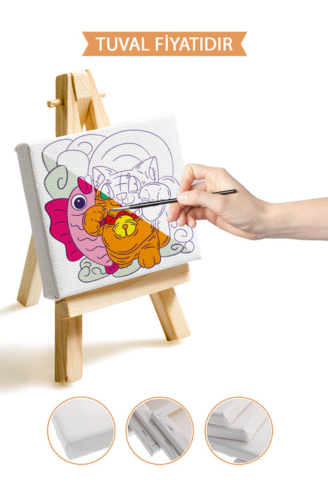 Sevimli Kedi ile Balık Ön Çizimli Boyama Tuvali 9000