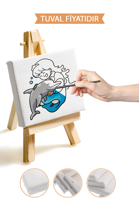 Sevimli Kız ve Yunus Balığı Ön Çizimli Boyama Tuvali 9005