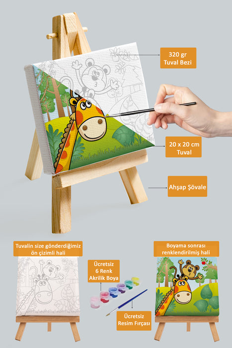 Sevimli Zurafa ve Maymun, Çocuk Eğitici Tuval Boyama Hobi Seti 9018