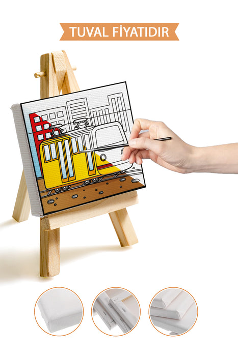 Sevimli Sarı Tramvay Ön Çizimli Boyama Tuvali 9211