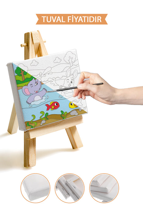 Nehirde Eylenen Sevimli Hayvanlar Ön Çizimli Boyama Tuvali 9094