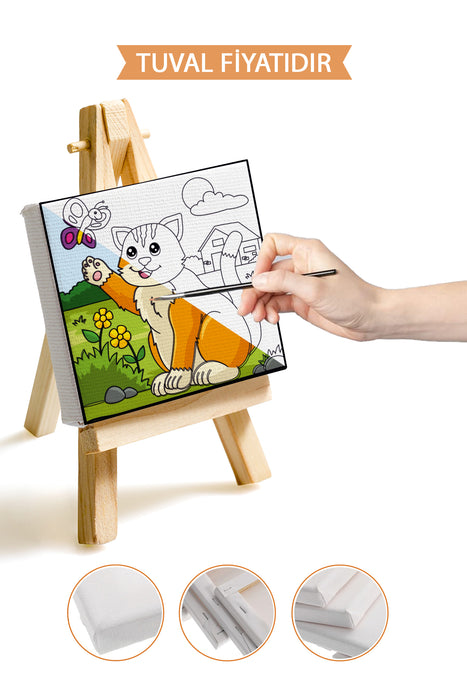 Sevimli Kedi ve Kelebek Ön Çizimli Boyama Tuvali 9019