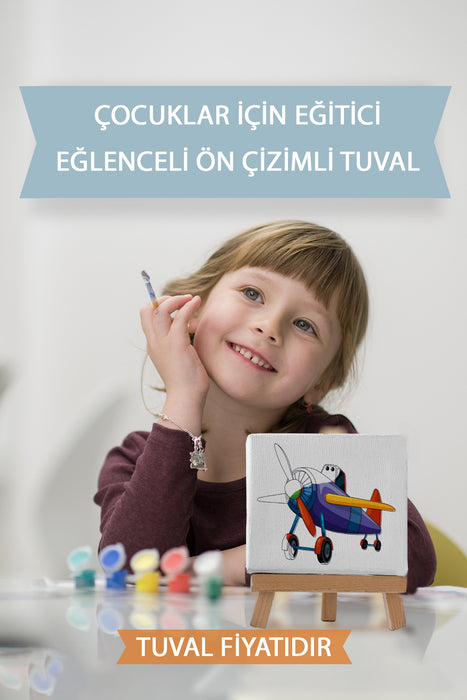 Sevimli Renkli Uçak Ön Çizimli Boyama Tuvali 9030