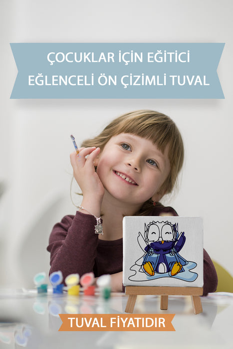 Sevimli Mavi Penguen Ön Çizimli Boyama Tuvali 9109