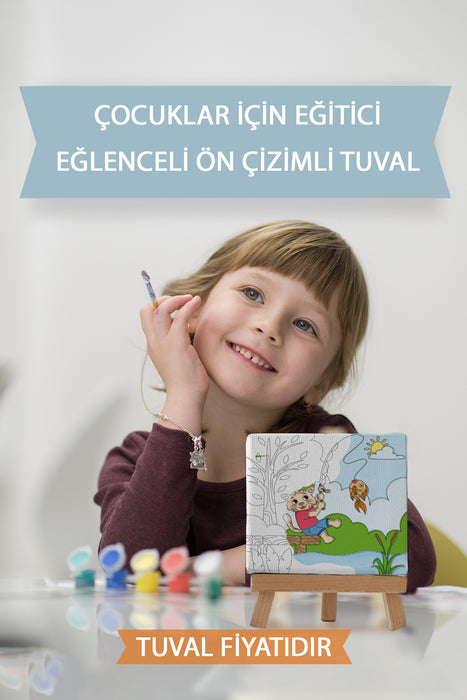 Balık Yakalayan Sevimli Kedi Ön Çizimli Boyama Tuvali 9072