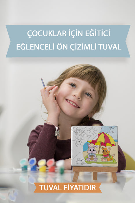 Tatil Yapan Sevimli Hayvanlar Ön Çizimli Boyama Tuvali 9033