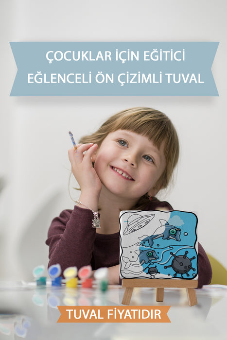 Sevimli Yunuslar ve Uzay Gemisi Ön Çizimli Boyama Tuvali 9016