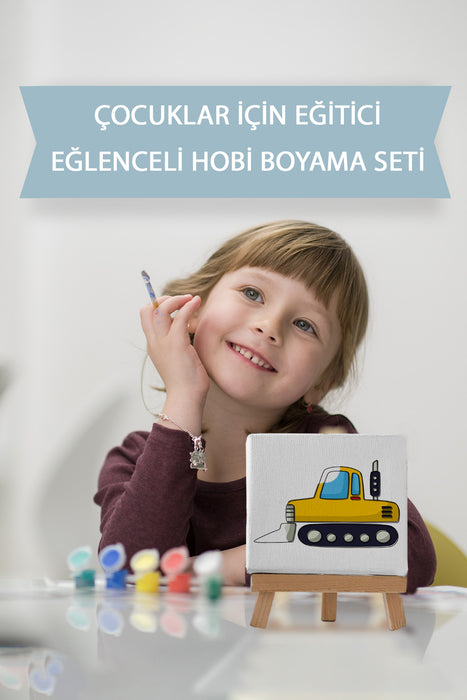 Sevimli Sarı İş Makinası, Erkek Çocuğu Eğitici Tuval Boyama Seti 9026