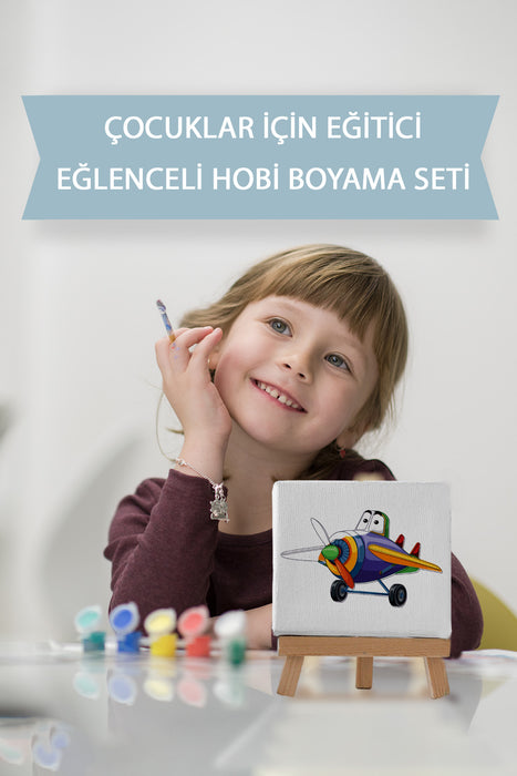 Sevimli Renkli Uçak, Çocuk Eğitici Tuval Boyama Hobi Seti 9029