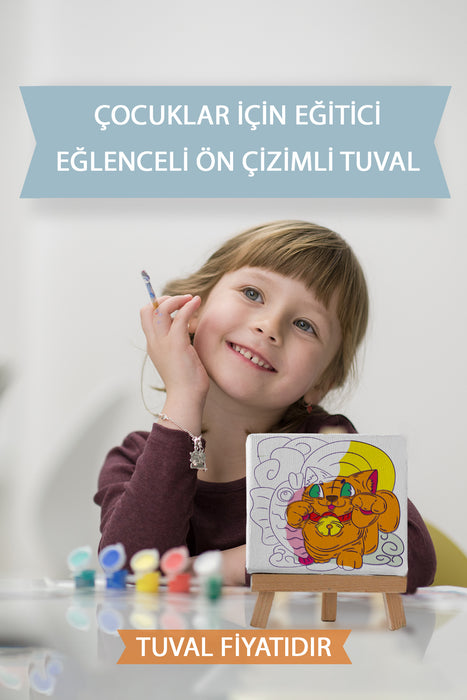 Sevimli Kedi ile Balık Ön Çizimli Boyama Tuvali 9000