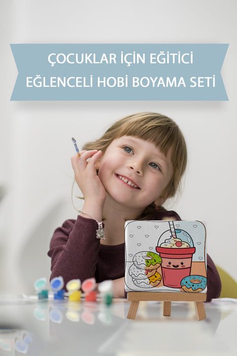 Sevimli Donut ve Milkshake, Çocuk Eğitici Tuval Boyama Hobi Seti 9045