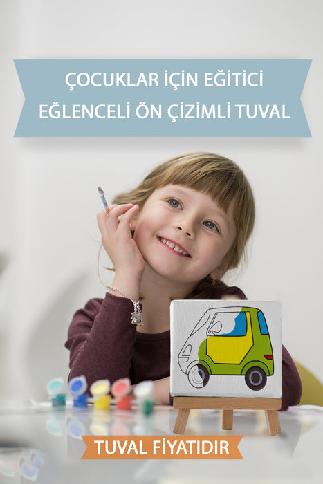 Sevimli Yeşil Araba Ön Çizimli Boyama Tuvali 9025