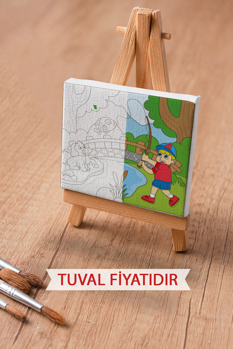 Balık Yakalayan Çocuk ve Dostu Ön Çizimli Boyama Tuvali 9070