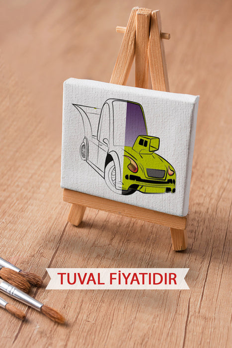 Sevimli Yeşil Araba Ön Çizimli Boyama Tuvali 9191