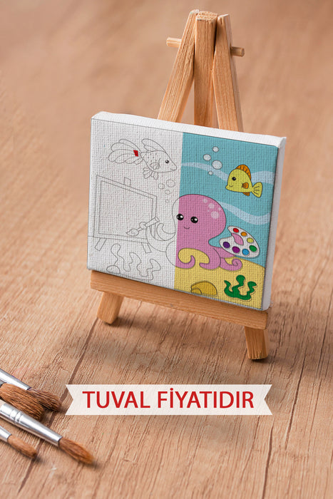 Resim Çizen Sevimli Ahtapot Ön Çizimli Boyama Tuvali 9085