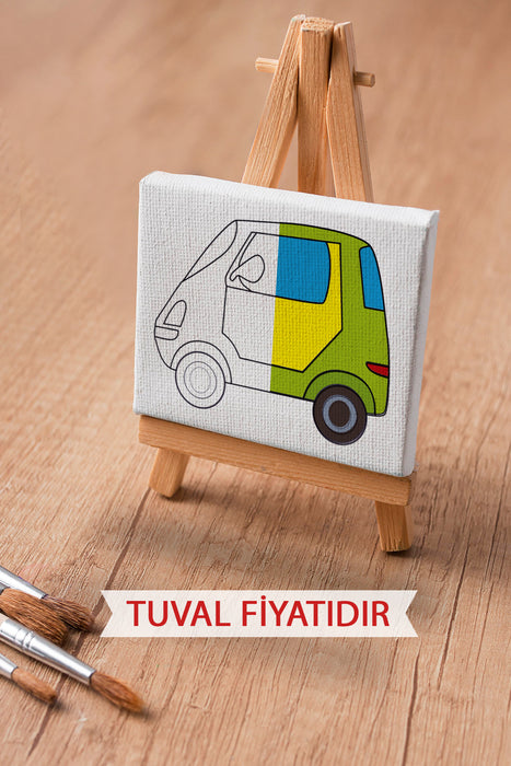 Sevimli Yeşil Araba Ön Çizimli Boyama Tuvali 9025