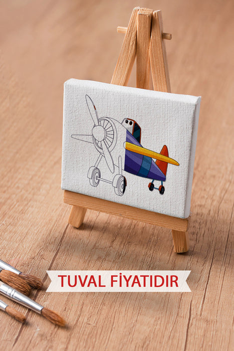 Sevimli Renkli Uçak Ön Çizimli Boyama Tuvali 9030