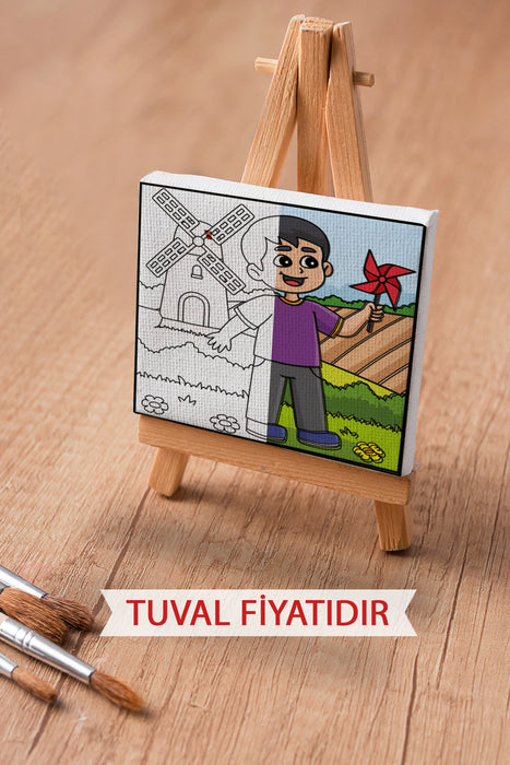 Sevimli Çocuk ve Yel Değirmeni Ön Çizimli Boyama Tuvali 9208