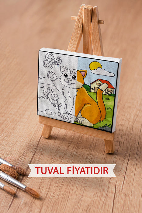 Sevimli Kedi ve Kelebek Ön Çizimli Boyama Tuvali 9019
