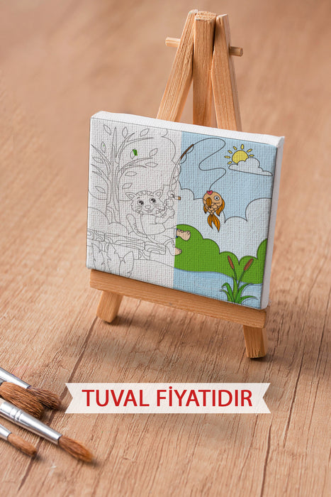 Balık Yakalayan Sevimli Kedi Ön Çizimli Boyama Tuvali 9072