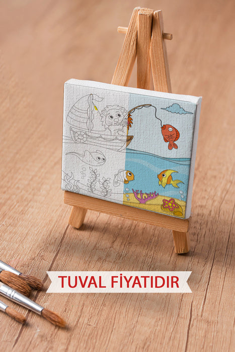 Sevimli Aslan Balık Tutuyor Ön Çizimli Boyama Tuvali 9082