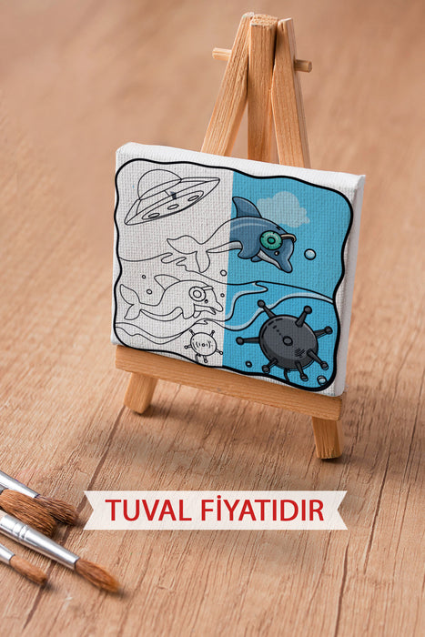 Sevimli Yunuslar ve Uzay Gemisi Ön Çizimli Boyama Tuvali 9016